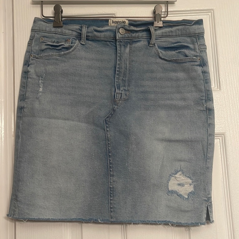 Kensie jeans; jean denim skirt Retail $89.00; size 8 destructed denim